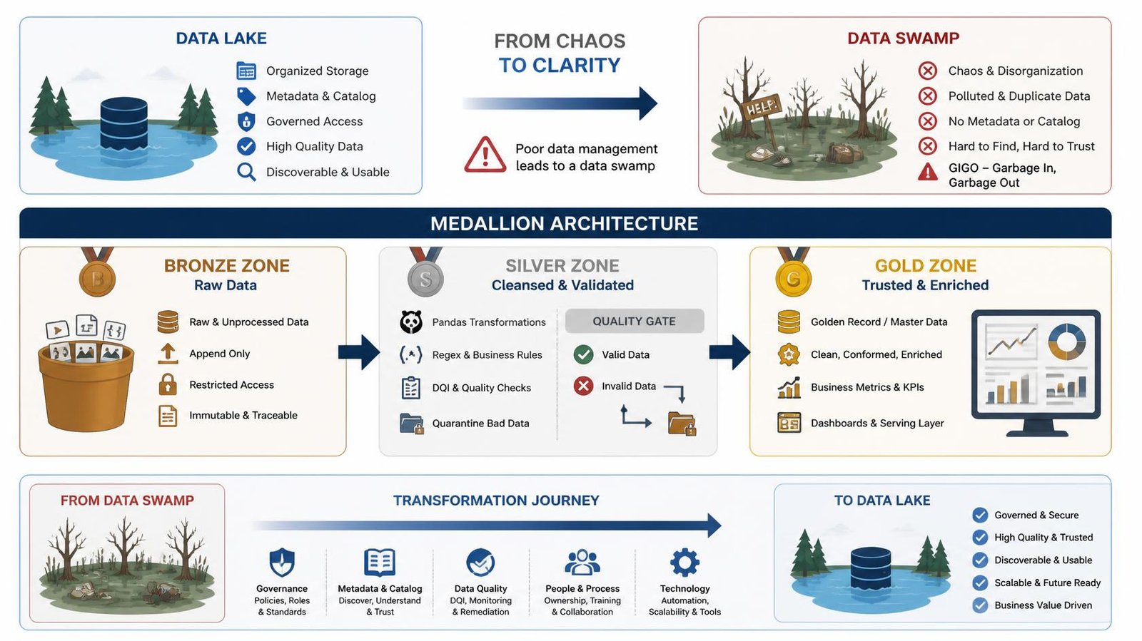 Data lake to data swamp transformation and medallion architecture diagram